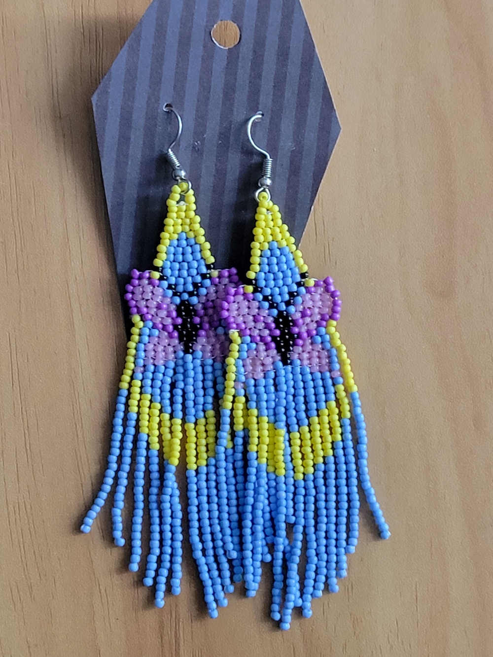 🖤NEW🖤Handmade Butterfly Blue, Yellow & Purple Beaded Fringe Earrings